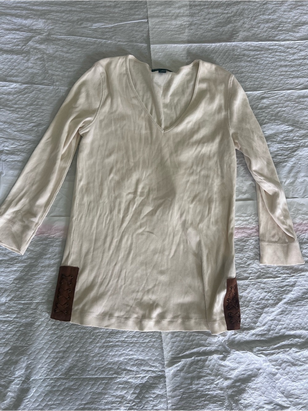 Ralph Lauren Women’s V-Neck Cream Long Sleeve Top with Brown Trim